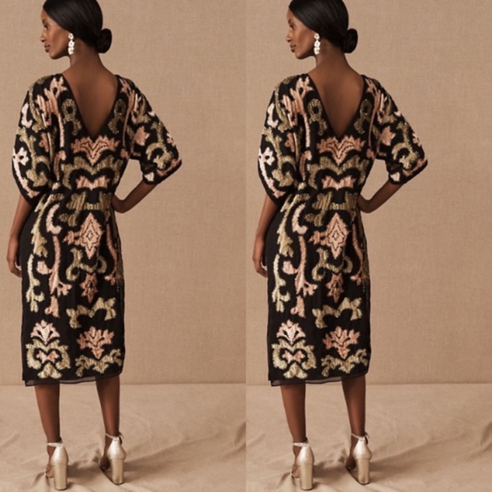 {BHLDN}Black Midi Dress with Pink and Gold Floral Motif